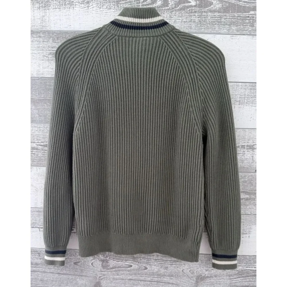 J CREW Knit Sweater Men M Green Ribbed Half-Zip Varsity Stripe Trim Cotton BC592
